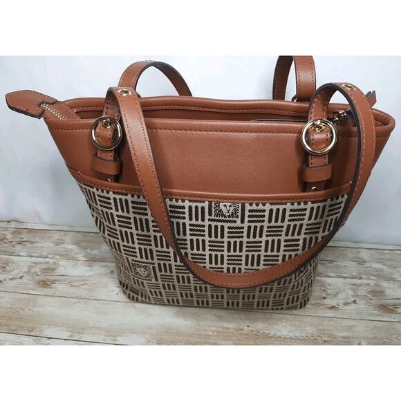 Anne Klein Tote Bag Handbag Purse Zip Top Brown/Tan Vegan Leather Canvas - Picture 5 of 15